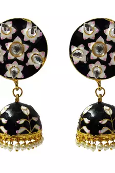 Black Pink Meenakari CZ Kundan Pearl Jhumki Earrings Set