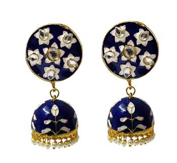 Blue Pink Meenakari CZ Kundan Pearl Jhumki Earrings Set 1