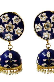 Blue Pink Meenakari CZ Kundan Pearl Jhumki Earrings Set