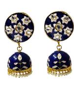 Blue Pink Meenakari CZ Kundan Pearl Jhumki Earrings Set