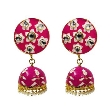 Raani Pink Meenakari CZ Kundan Pearl Jhumki Earrings Set 1
