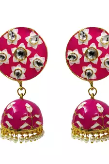 Raani Pink Meenakari CZ Kundan Pearl Jhumki Earrings Set