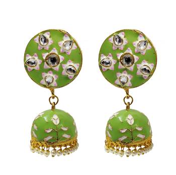 Mint Green Pink Meenakari CZ Kundan Pearl Jhumki Earrings Set 1
