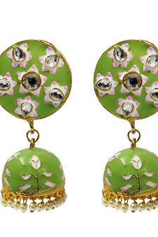 Mint Green Pink Meenakari CZ Kundan Pearl Jhumki Earrings Set