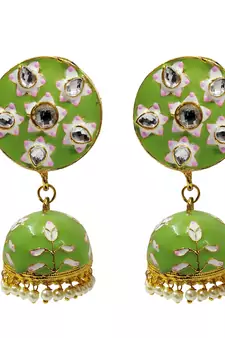 Mint Green Pink Meenakari CZ Kundan Pearl Jhumki Earrings Set