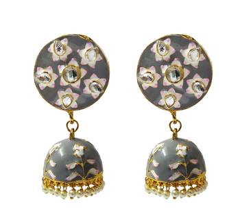 Grey Pink Meenakari CZ Kundan Pearl Jhumki Earrings Set 1