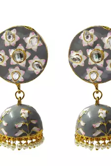 Grey Pink Meenakari CZ Kundan Pearl Jhumki Earrings Set