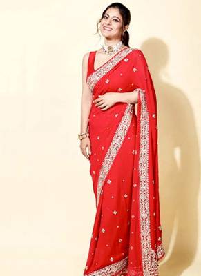 Red Embroidered Work Georgette Bollywood Saree With Blouse 1