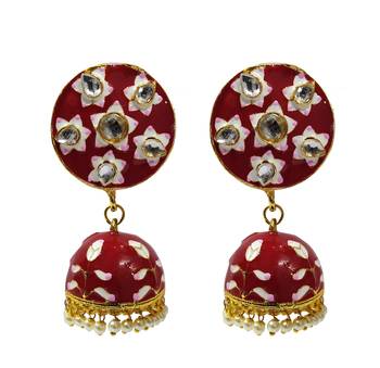 Red Pink Meenakari CZ Kundan Pearl Jhumki Earrings Set 1