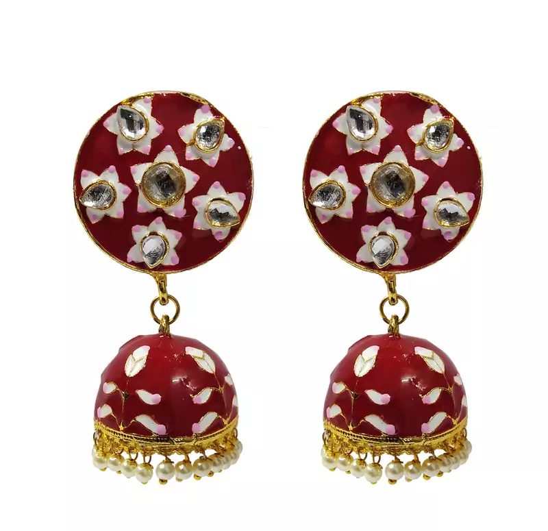 Red Pink Meenakari CZ Kundan Pearl Jhumki Earrings Set