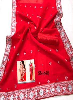 Red Embroidered Work Georgette Bollywood Saree With Blouse 2