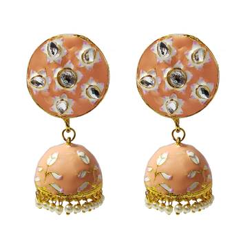 Peech Pink Meenakari CZ Kundan Pearl Jhumki Earrings Set 1
