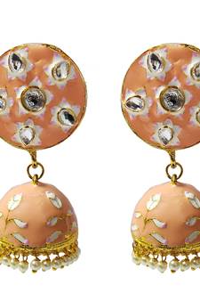 Peech Pink Meenakari CZ Kundan Pearl Jhumki Earrings Set