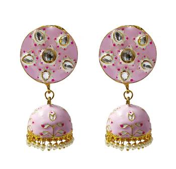 Magenta Pink Meenakari CZ Kundan Pearl Jhumki Earrings Set 1