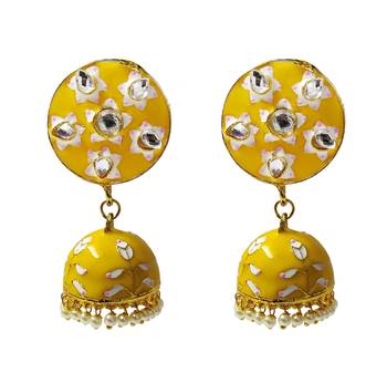 Yellow Pink Meenakari CZ Kundan Pearl Jhumki Earrings Set 1