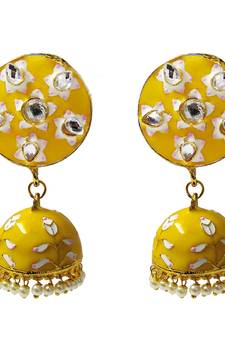 Yellow Pink Meenakari CZ Kundan Pearl Jhumki Earrings Set