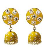 Yellow Pink Meenakari CZ Kundan Pearl Jhumki Earrings Set