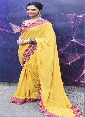 Yellow Printed Lace Work Georgette Bollywood Saree With Blouse 1