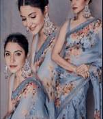 Grey Orgenza Silk Printed Bollywood Saree With Blouse