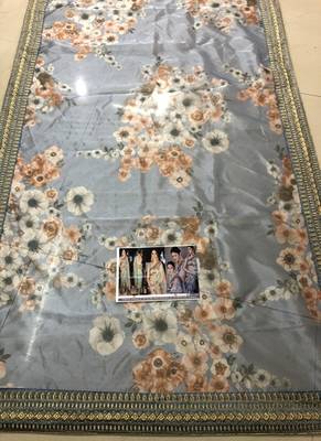 Grey Orgenza Silk Printed Bollywood Saree With Blouse 2