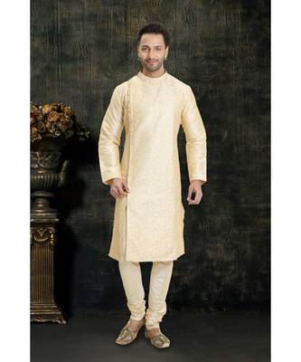 beige hand woven dupion silk kurta pajama 1