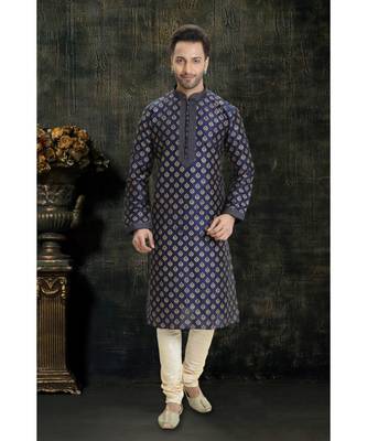 blue printed dupion silk kurta pajama 1