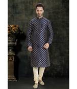 blue printed dupion silk kurta pajama