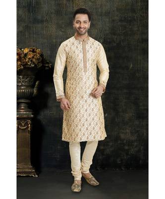 beige hand woven dupion silk kurta pajama 1