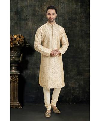 beige hand woven dupion silk kurta pajama 1