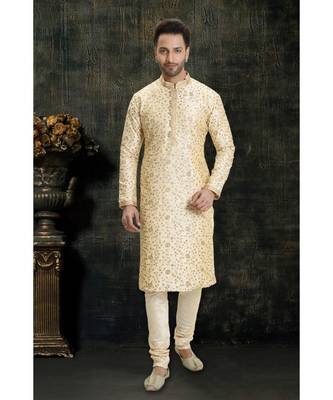beige hand woven dupion silk kurta pajama 1