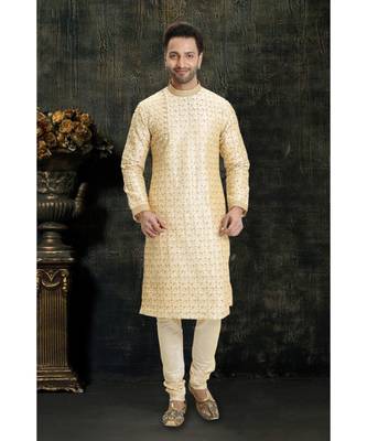beige hand woven dupion silk kurta pajama 1
