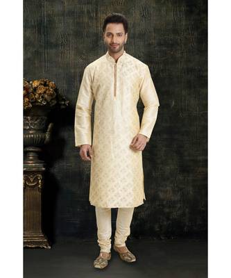 beige hand woven dupion silk kurta pajama 1