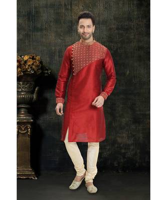 red hand woven dupion silk kurta pajama 1