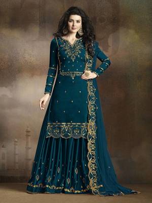 Dark Turquoise Embroidered Silk Kameez With Sharara Semi Stitched 1