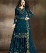 Dark Turquoise Embroidered Silk Kameez With Sharara Semi Stitched