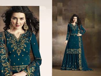 Dark Turquoise Embroidered Silk Kameez With Sharara Semi Stitched 2