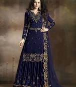 Blue Embroidered Silk Kameez With Sharara Semi Stitched