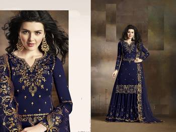 Blue Embroidered Silk Kameez With Sharara Semi Stitched 2