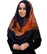 Women Black Orange Printed Tibetian Silk Scarf Hijab Stoles Dupatta