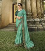 Turquoise Embroidered Silk Blend Saree With Blouse