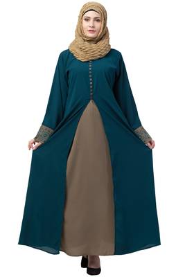 Women Double Layered Abaya With Embroidery Work On Sleeves- Green-Beige 1