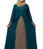 Women Double Layered Abaya With Embroidery Work On Sleeves- Green-Beige