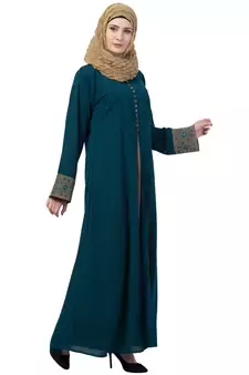 Women Double Layered Abaya With Embroidery Work On Sleeves- Green-Beige