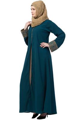 Women Double Layered Abaya With Embroidery Work On Sleeves- Green-Beige 3