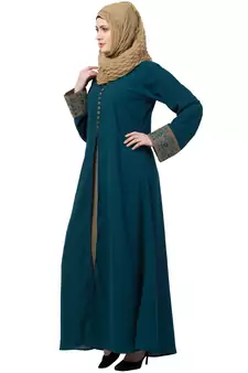 Women Double Layered Abaya With Embroidery Work On Sleeves- Green-Beige