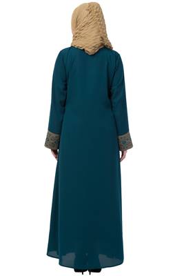 Women Double Layered Abaya With Embroidery Work On Sleeves- Green-Beige 4