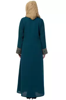 Women Double Layered Abaya With Embroidery Work On Sleeves- Green-Beige