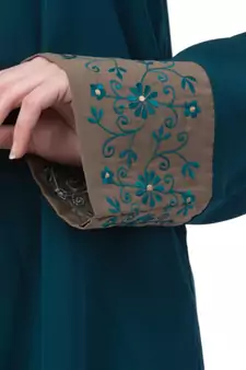 Women Double Layered Abaya With Embroidery Work On Sleeves- Green-Beige