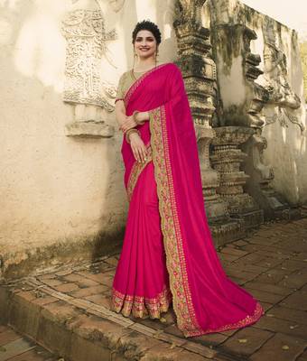 Rani Pink Embroidered Raw Silk Saree 1