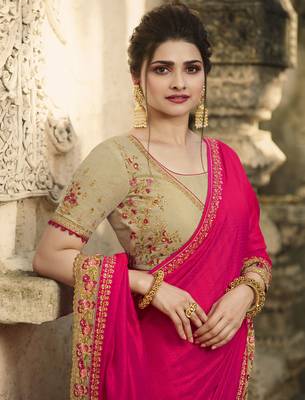 Rani Pink Embroidered Raw Silk Saree 2